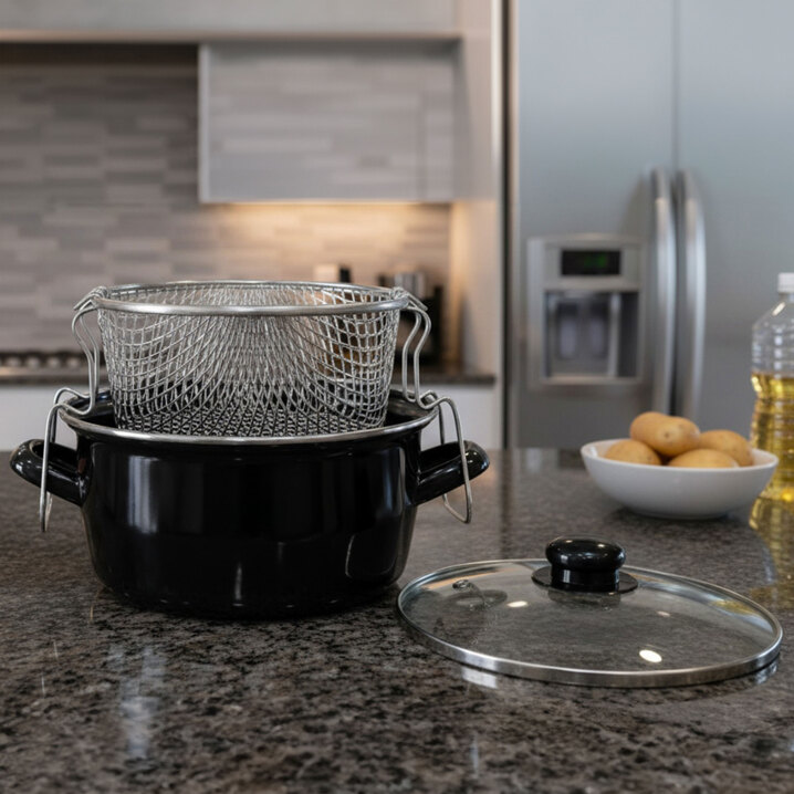 Çıtır Cips 22 Cm Emaye Siyah Kızartma Tenceresi