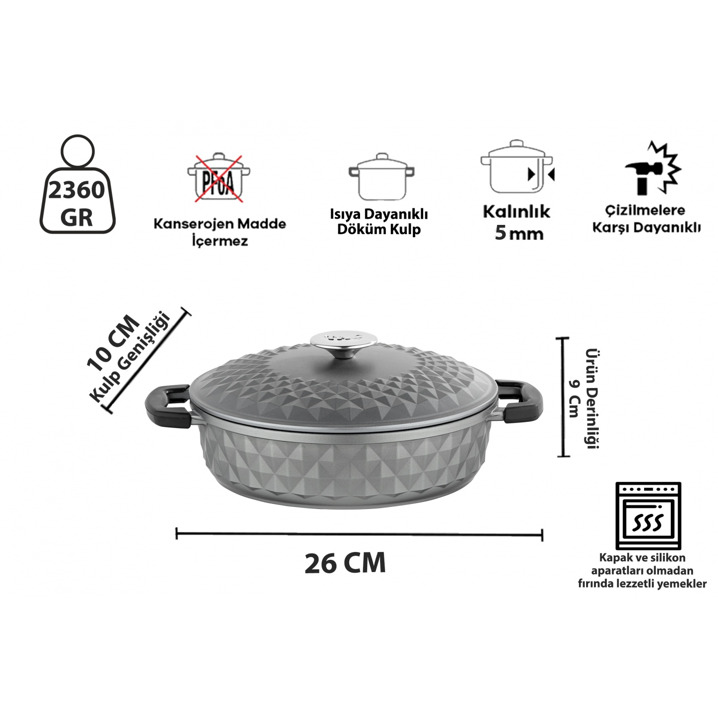 Taç Bella Döküm Kapak Basık Tencere 26 Cm Gri