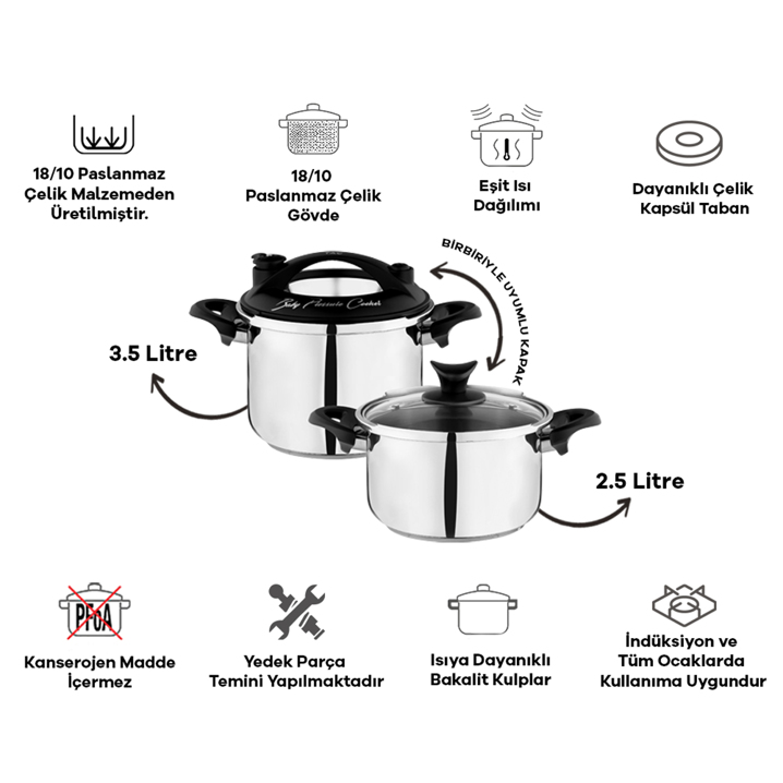 Taç Baby 2'li Düdüklü Tencere Seti 2,5 + 3,5 Litre Siyah Taç Baby 2'li Düdüklü Tencere Seti 2,5 + 3,5 Litre Siyah